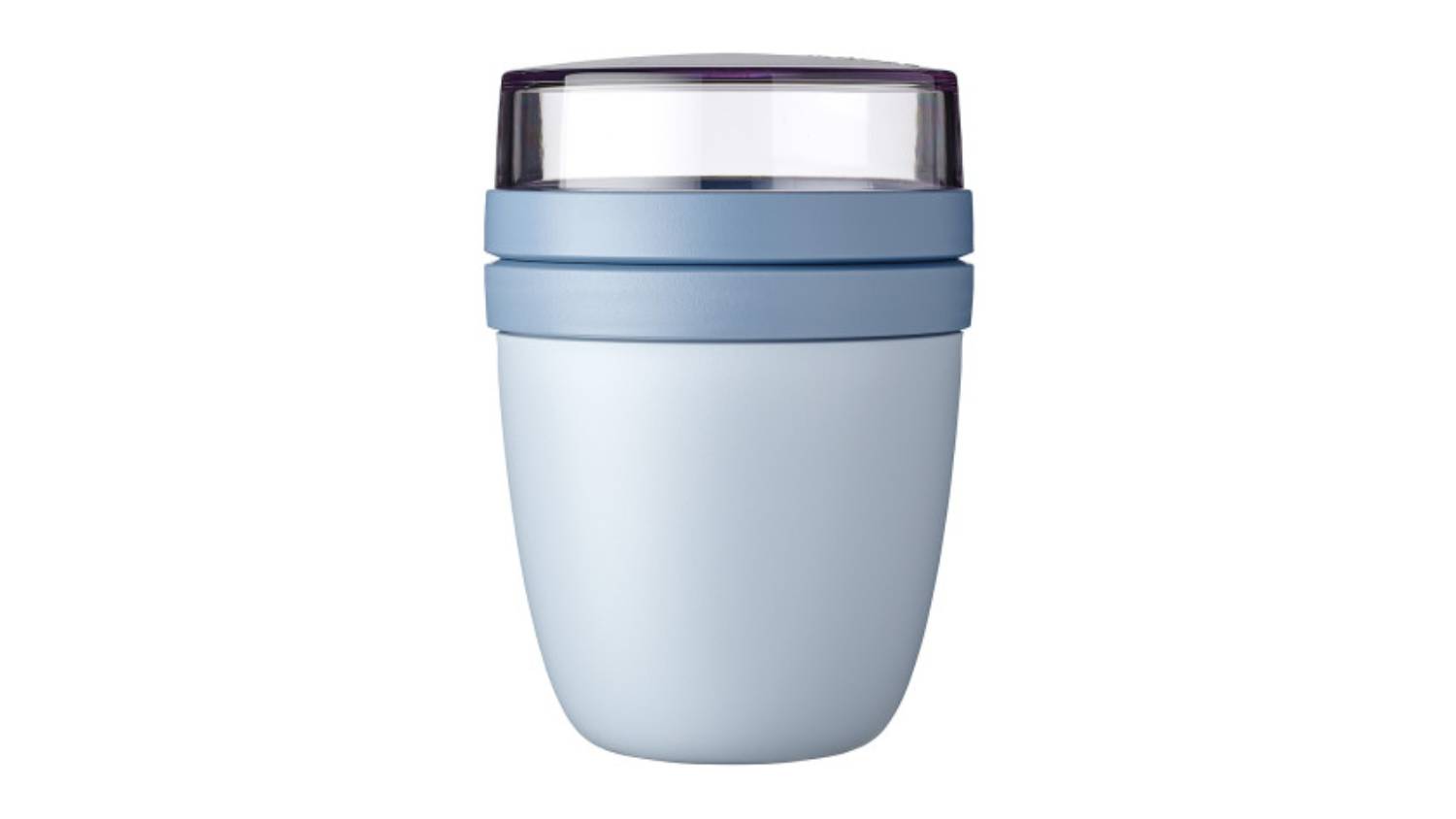 A Nordic Blue Mepal Ellipse Lunch Pot with a matte base and a transparent lid, shown upright