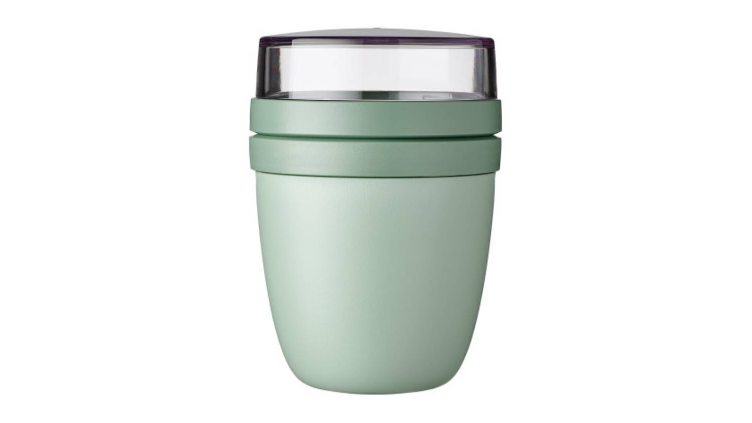 A Nordic Sage Mepal Ellipse Lunch Pot with a matte base and a transparent lid, shown upright