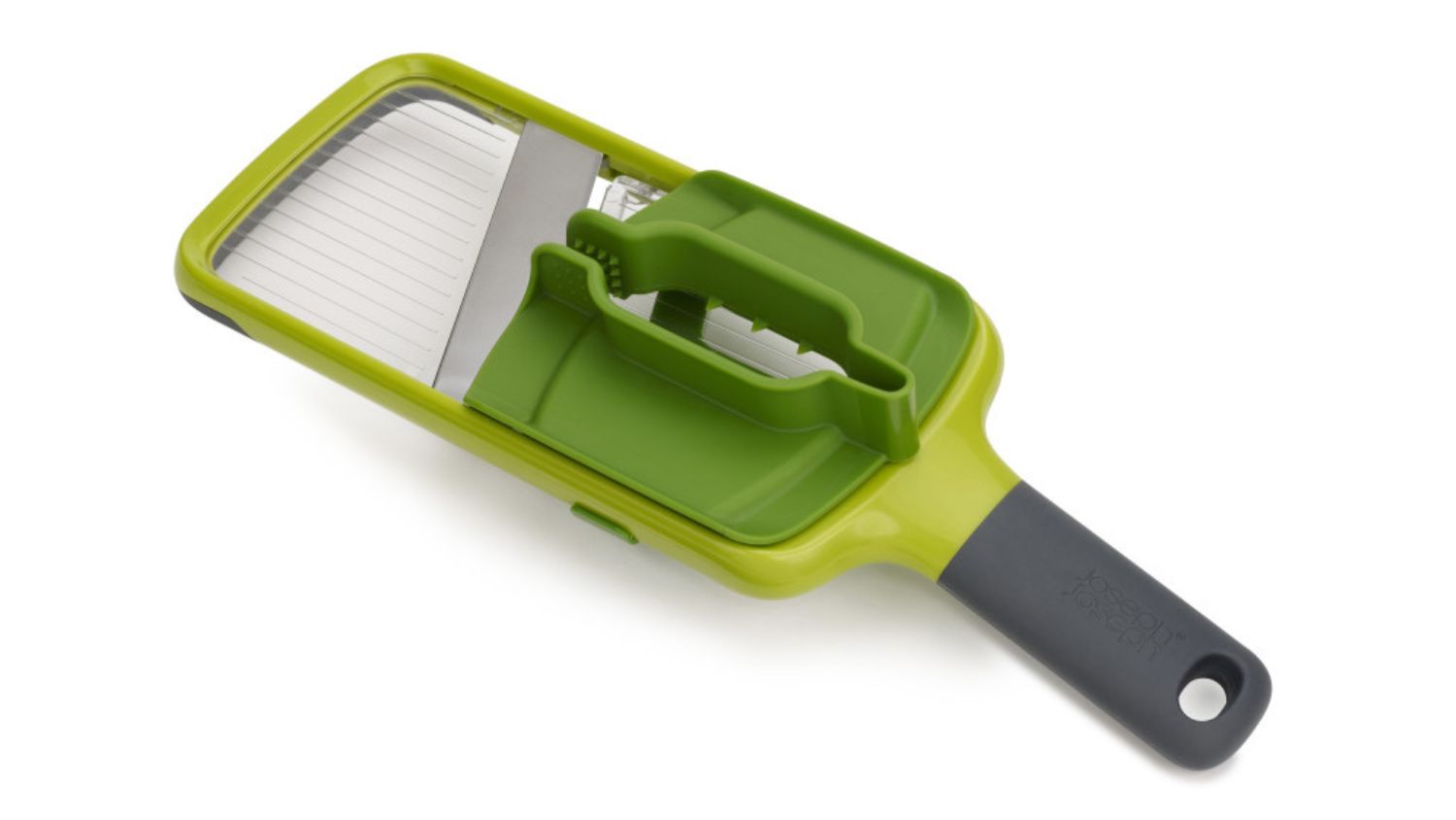 Green Joseph Joseph Multi-Grip Mandoline slicer with handle and adjustable blade