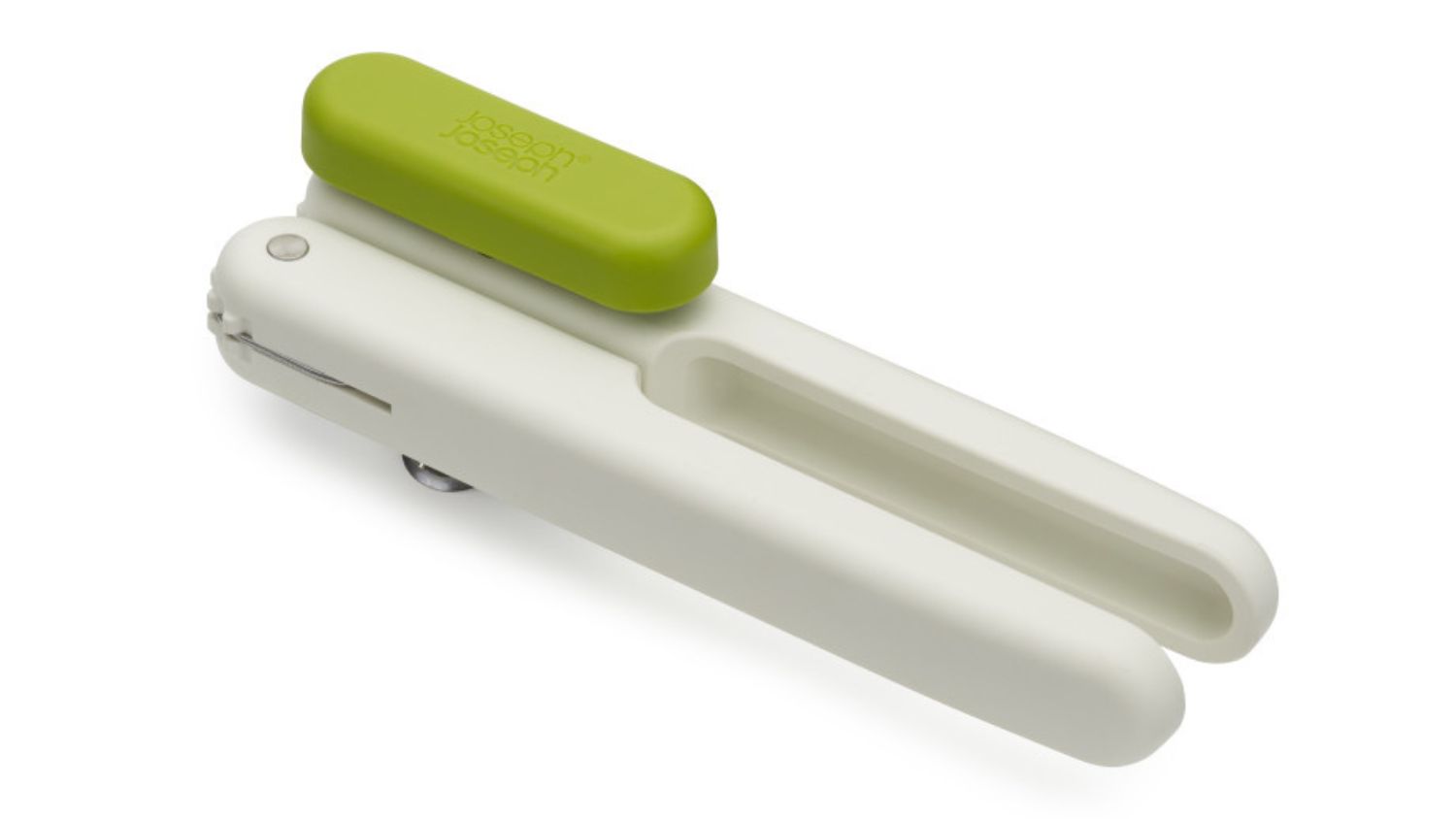 White and green Joseph Joseph Pivot 3-in-1 can and bottle opener with compact, rotating design