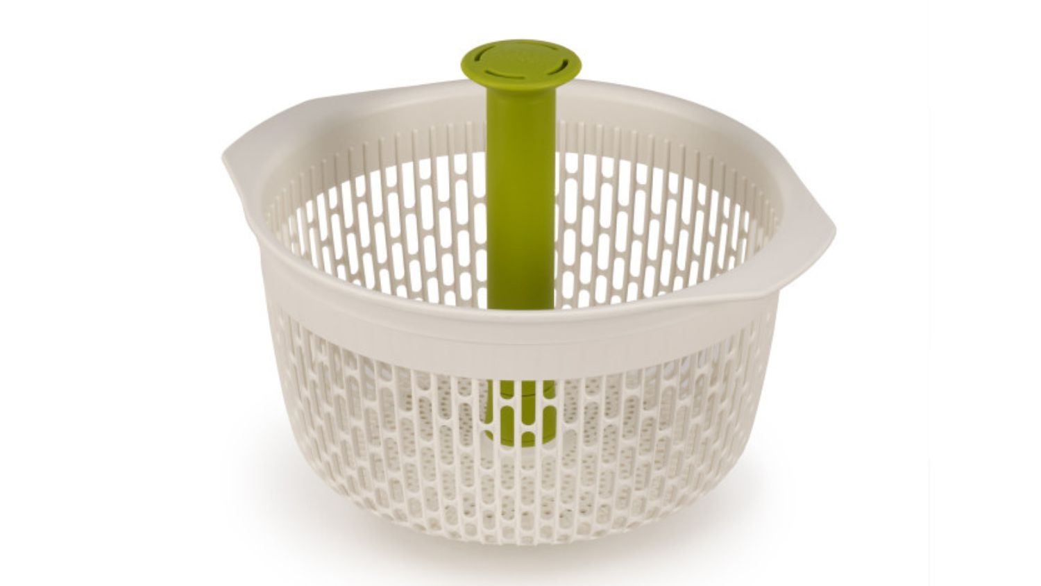 White colander with green pump spindle in the centre, designed for rinsing and spinning salad greens