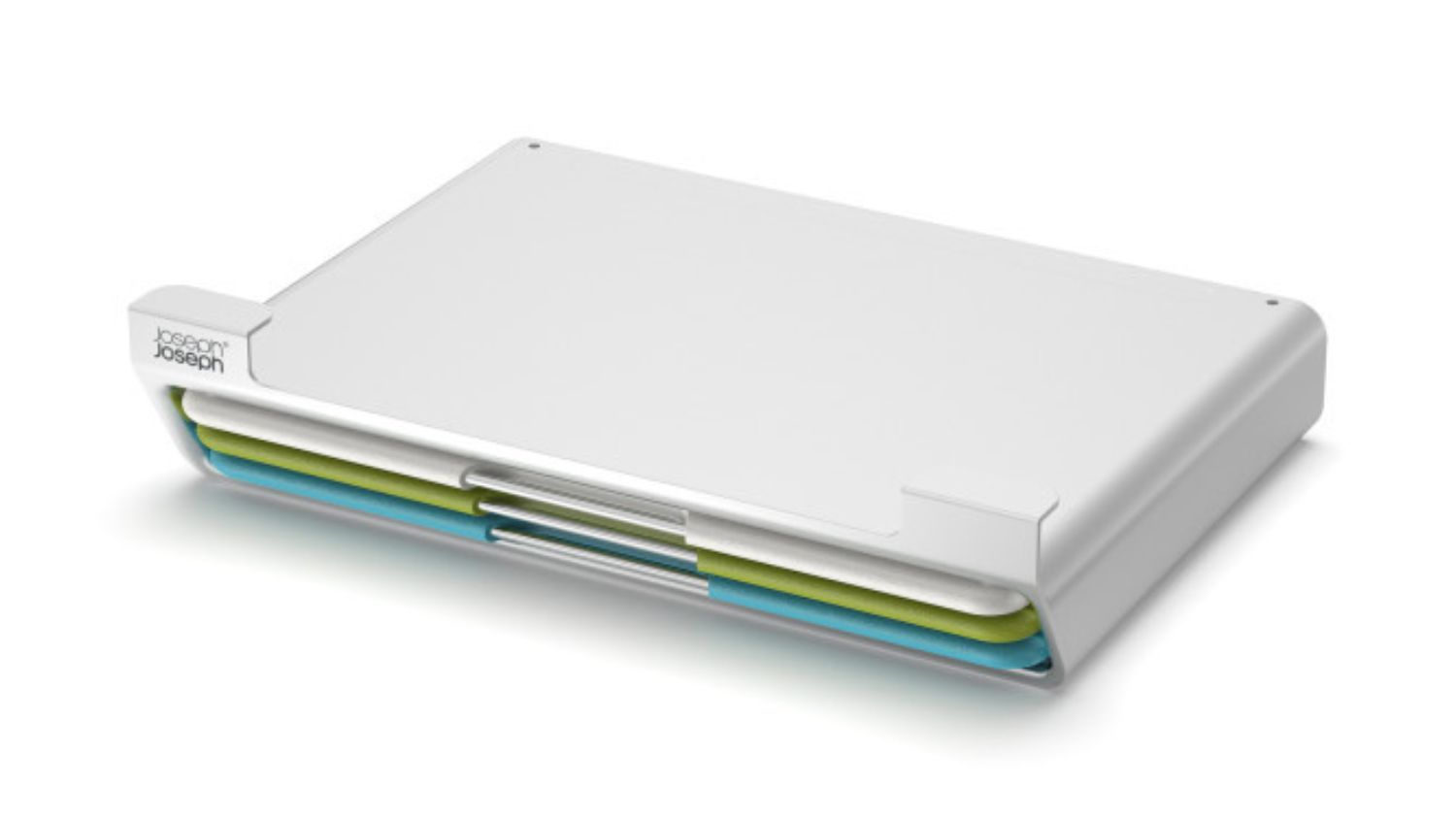 Slim white storage case holding three colour-coded chopping boards with stainless steel selection bars