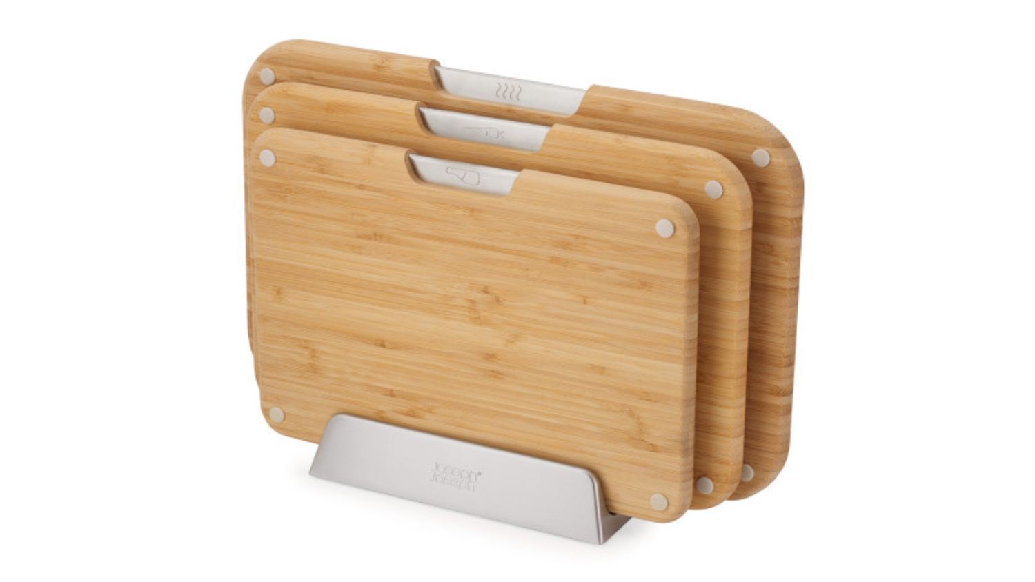 Three bamboo cutting boards with stainless-steel tabs in a compact metal stand for organised storage