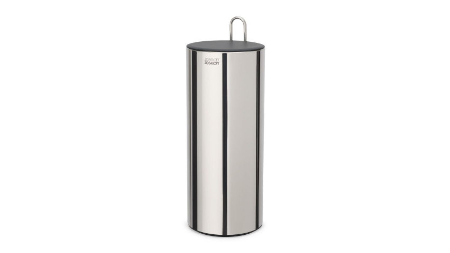 Polished stainless steel Joseph Joseph Luxe toilet roll holder with black lid and finger hook