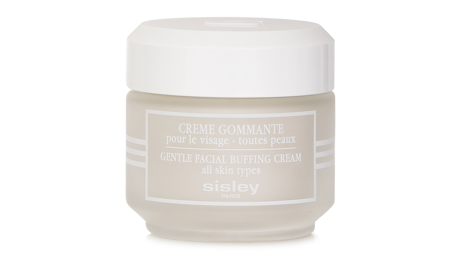 Front label of Sisley Botanical Creme Gommante 50ml frosted glass jar