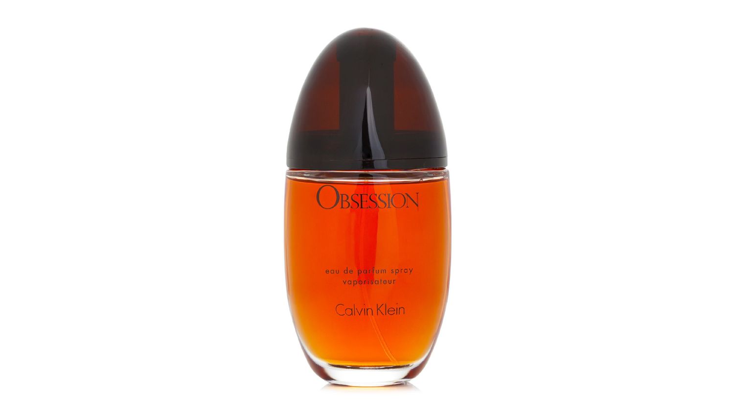 Front view of the Calvin Klein Obsession Eau de Parfum Spray in an amber-coloured bottle