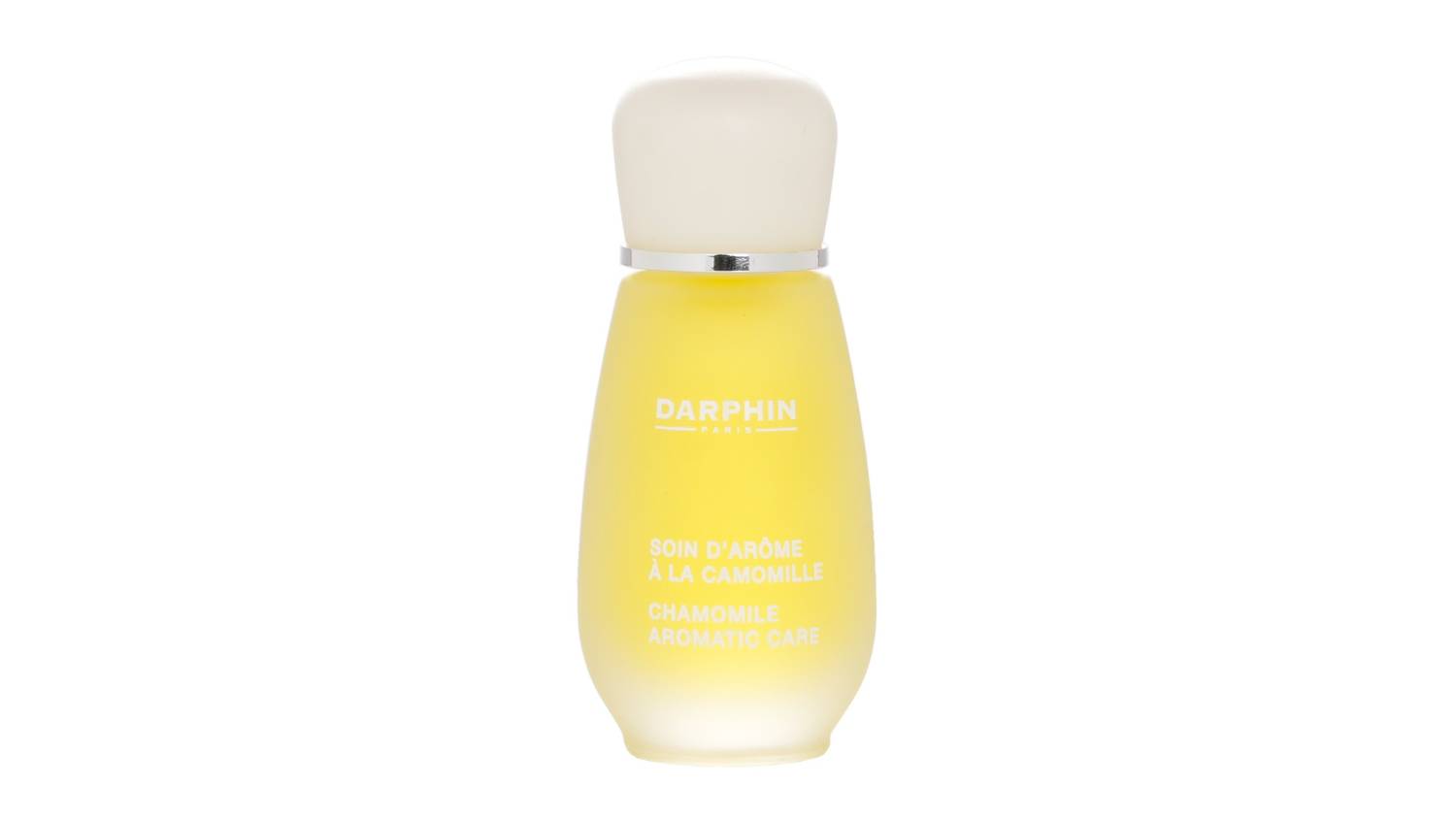 Yellow Darphin Chamomile Aromatic Care bottle with a frosted finish and white cap, featuring silver trim