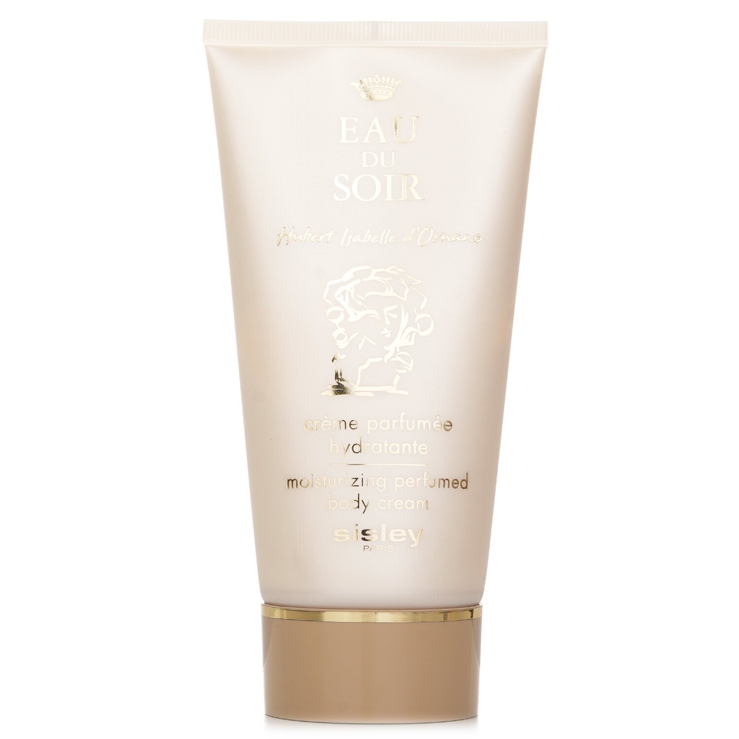 A front view of the beige tube for Sisley Eau Du Soir Body Cream displays gold text and design
