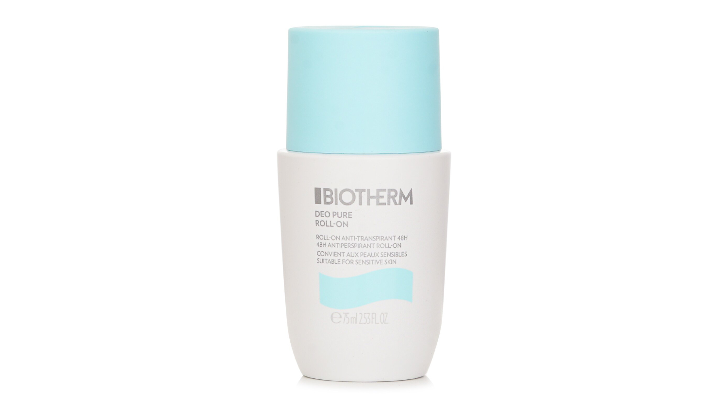 Front view of a Biotherm Deo Pure Antiperspirant Roll-On with a light blue cap and white bottle