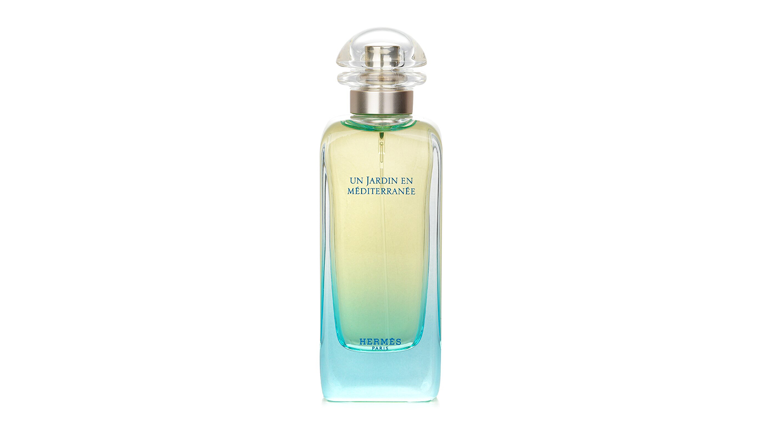 Front view of Hermès Un Jardin en Méditerranée 100ml perfume bottle with blue to yellow gradient