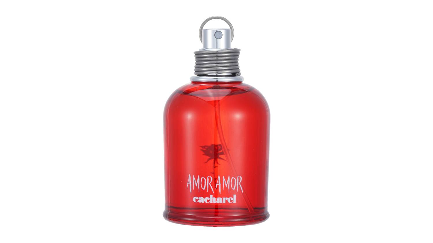 Red Cacharel Amor Amor Eau De Toilette Spray bottle with a shiny finish and silver spray cap
