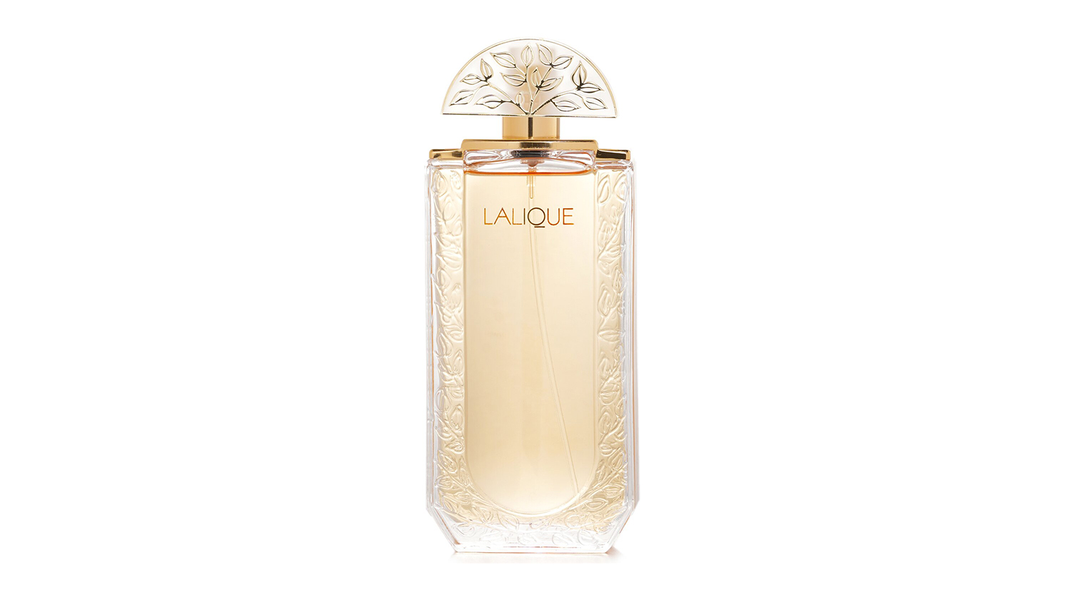 Front view of Lalique Eau De Parfum 3.3oz bottle with a decorative gold semicircular leaf cap