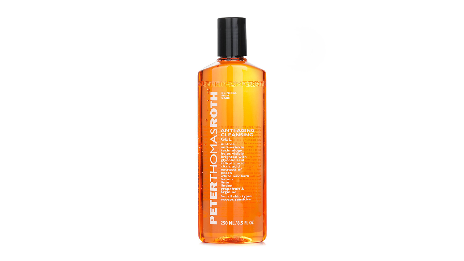 Front view of Peter Thomas Roth Anti-Aging Cleansing Gel in an 8.5 oz translucent orange bottle