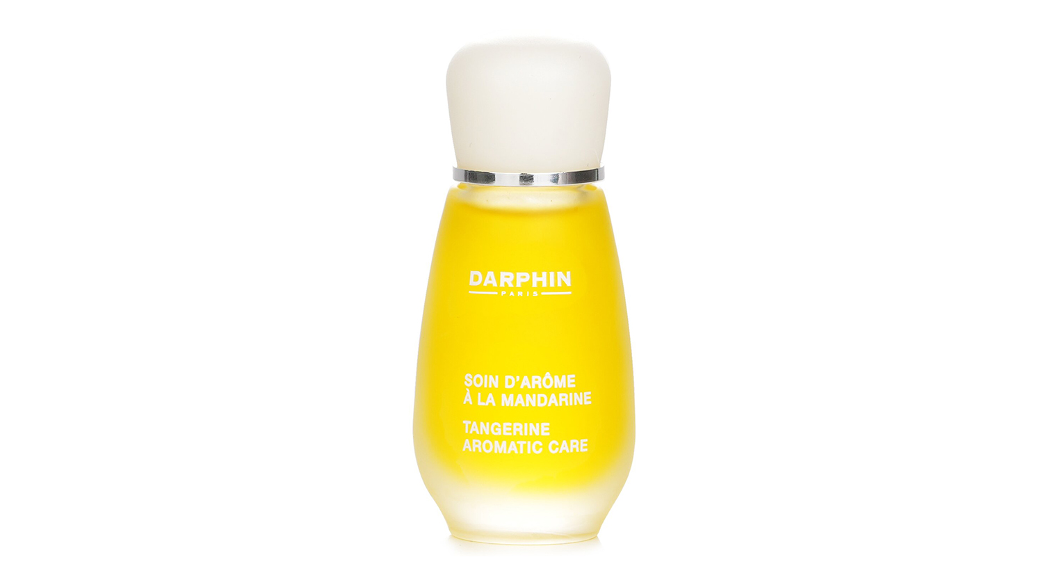 Front view of Darphin Tangerine Aromatic Care elixir in a frosted glass bottle with a white cap
