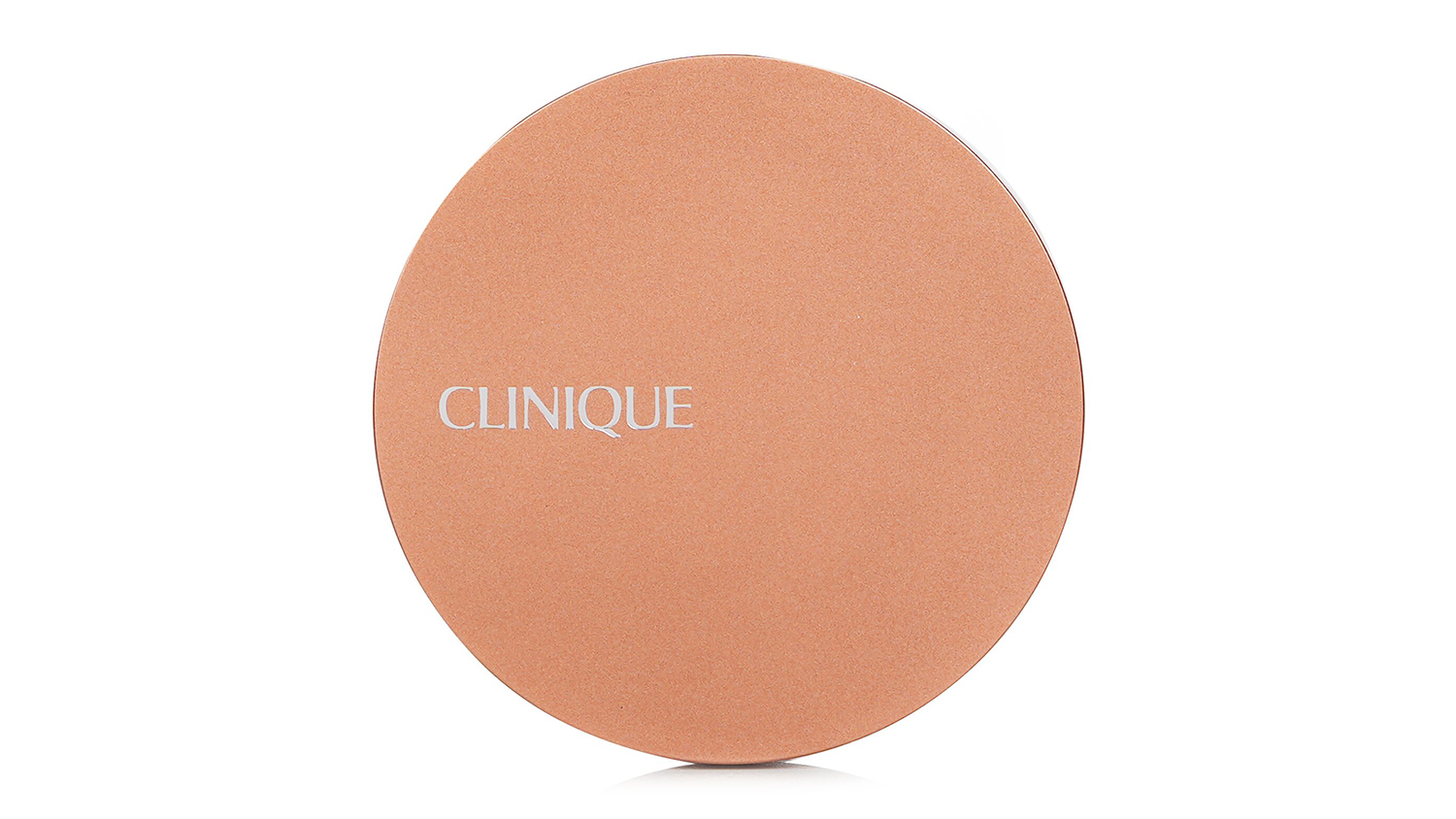 Closed circular Clinique True Bronze compact in a copper-toned case with silver Clinique logo