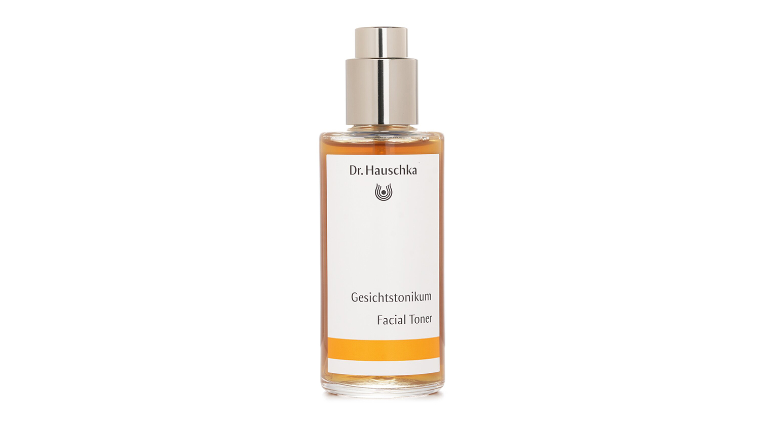 A 100ml glass spray bottle of Dr. Hauschka Facial Toner showing the amber-colored liquid
