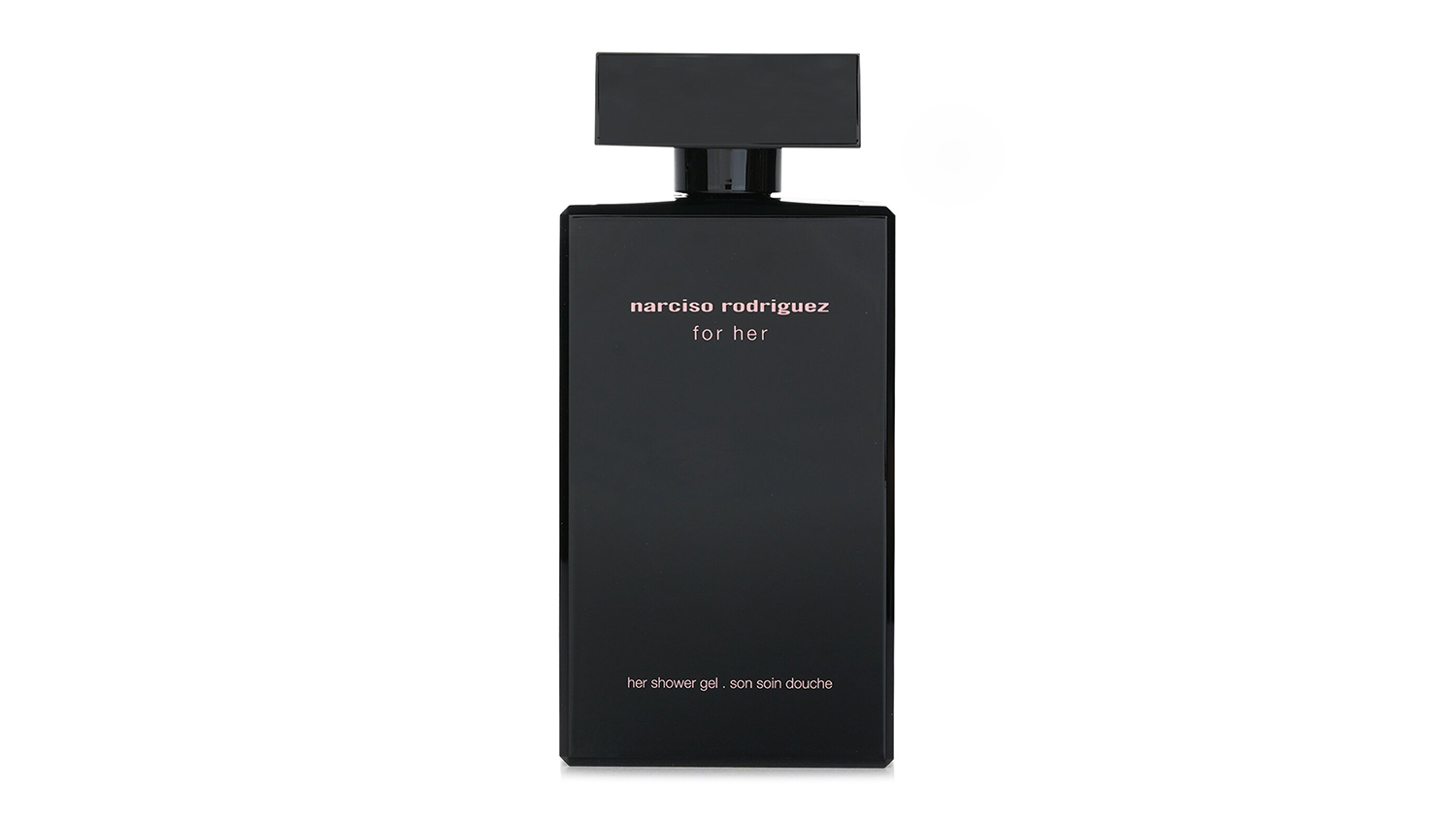 Front view of the Narciso Rodriguez For Her Shower Gel in a sleek black rectangular bottle