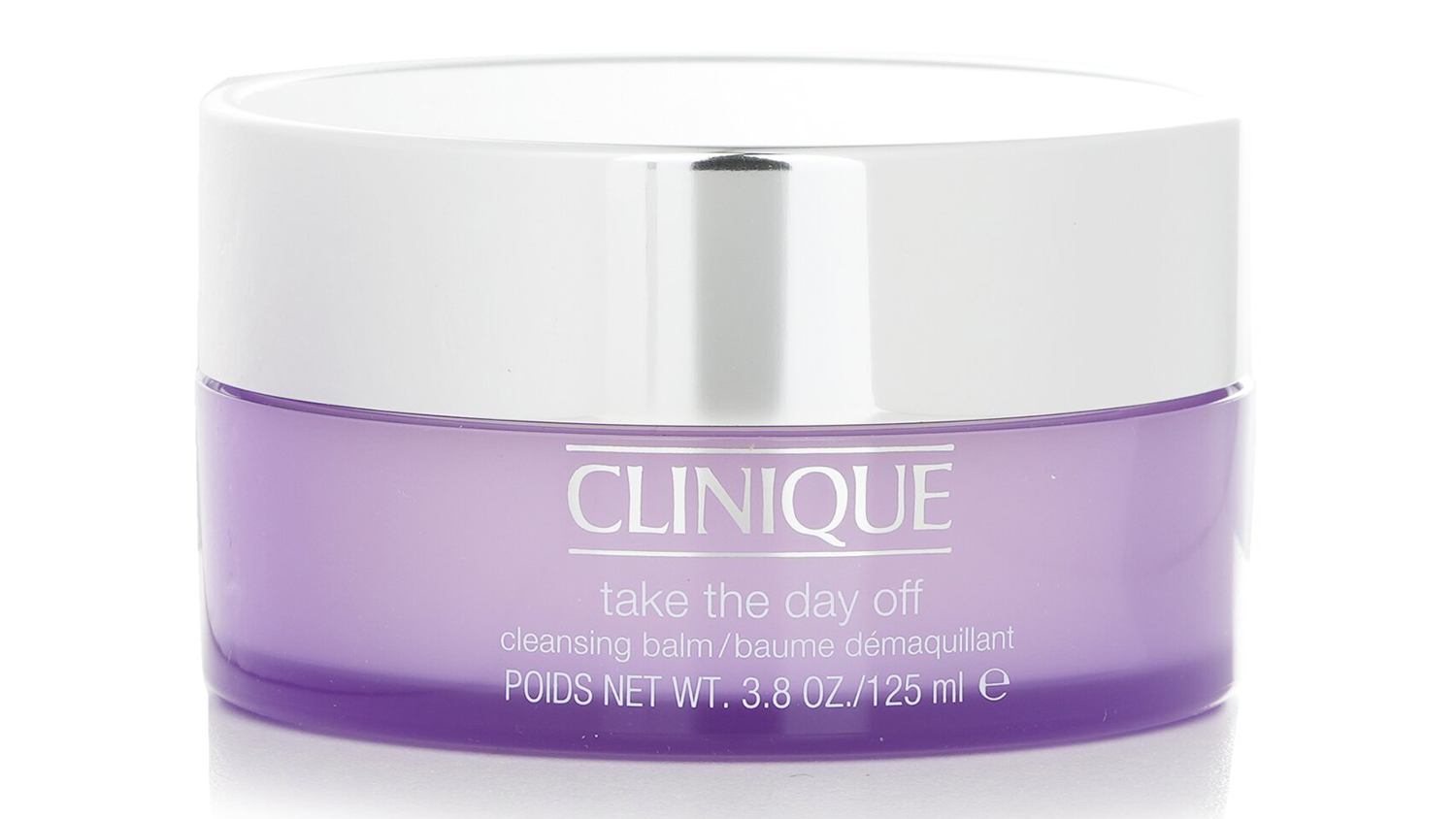 Front view of Clinique Take The Day Off Cleansing Balm in a purple jar with a silver lid