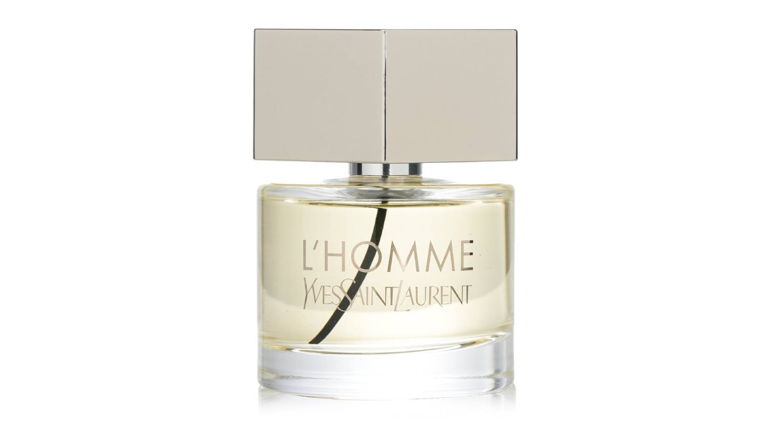Yves Saint Laurent L’Homme Eau De Toilette Spray in a clear cylindrical glass bottle with pale yellow liquid