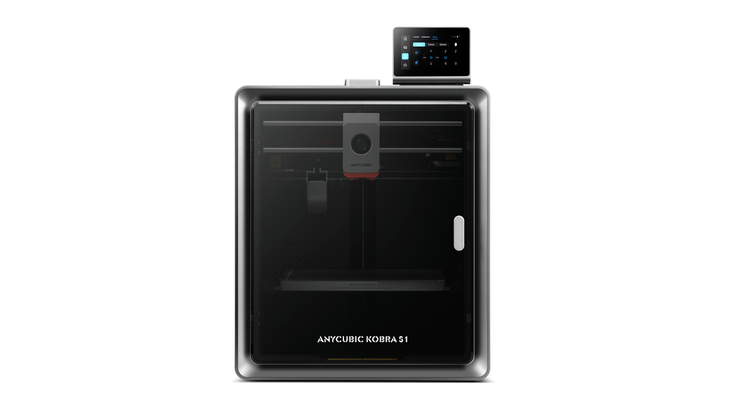 A front view of the Anycubic Kobra S1 FDM 3D Printer, which features an enclosed build chamber and a control panel