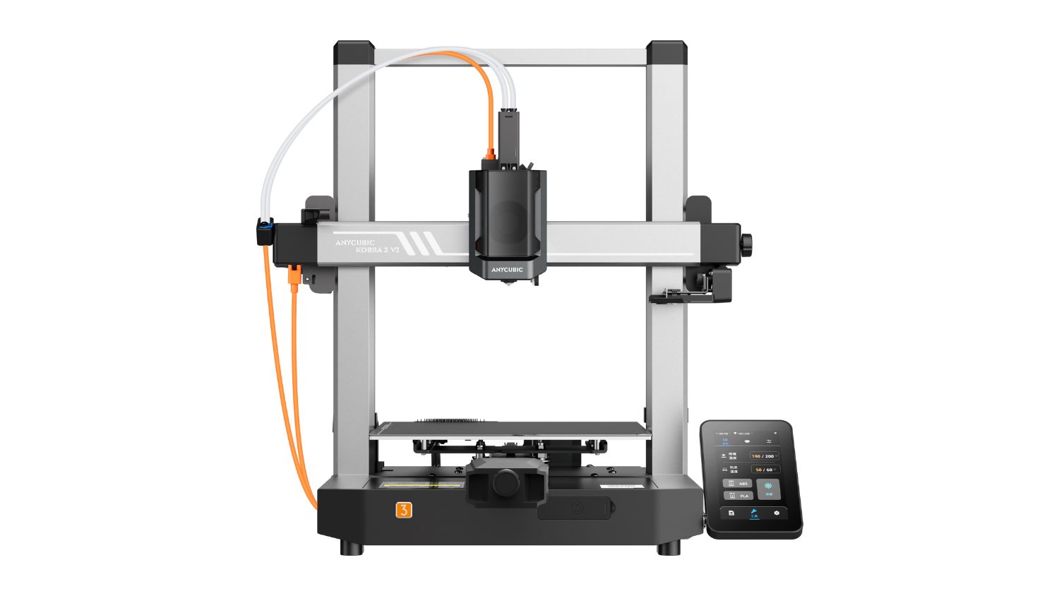 Front view of the Anycubic Kobra 3 V2 FDM 3D printer with touchscreen and filament tube attached