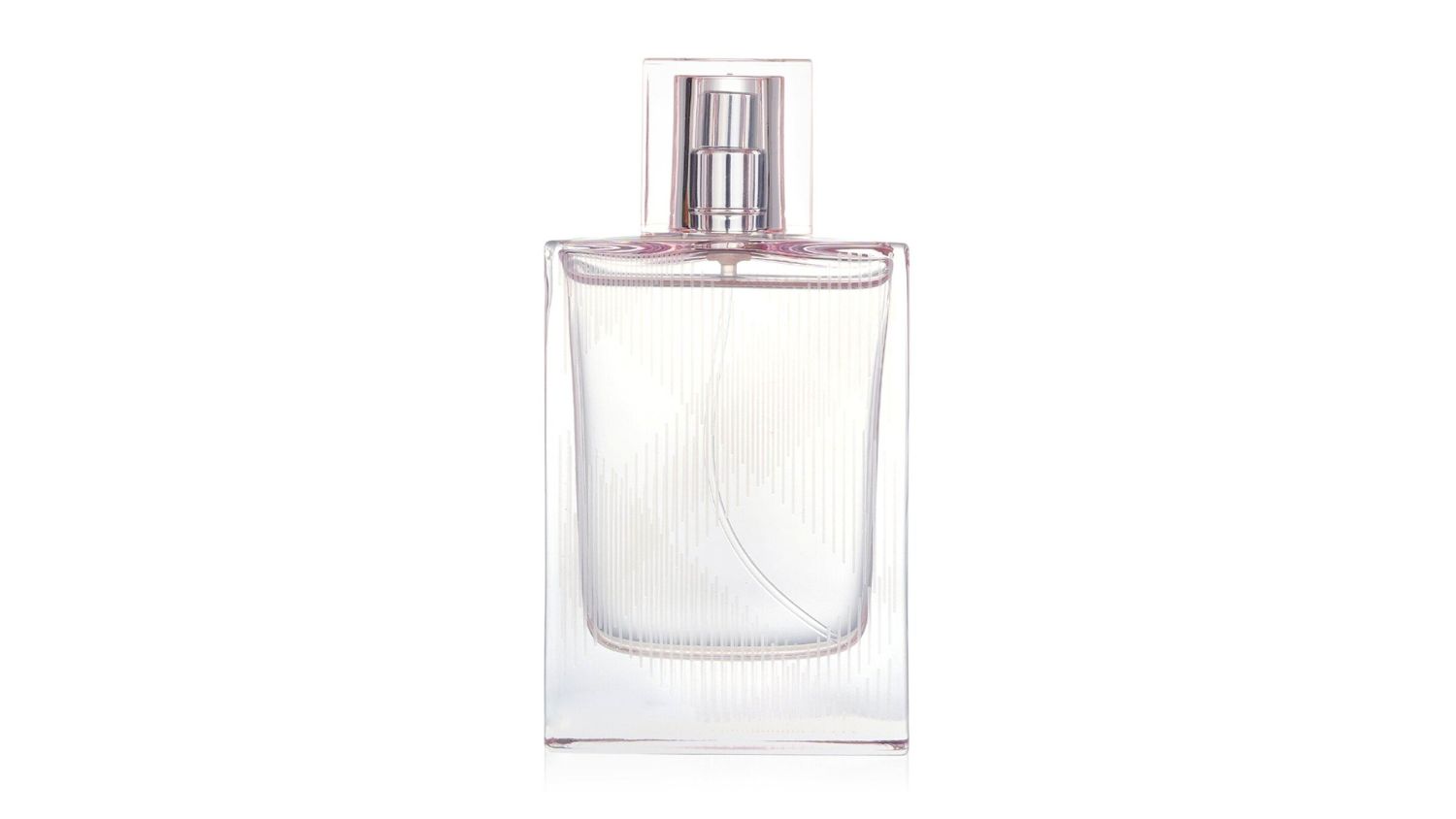 Clear rectangular perfume bottle with subtle plaid design and silver spray cap