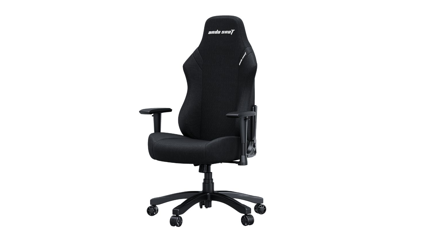 A black ergonomic gaming chair viewed from a front-right angle