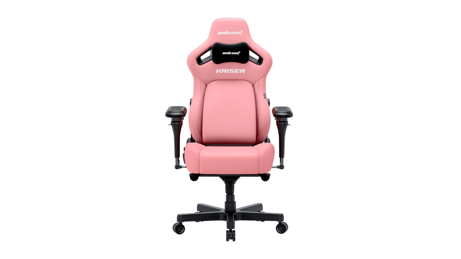 A front-angled view of an AndaSeat Kaiser 4 V2 XL Fabric Gaming Chair with its headrest cushion