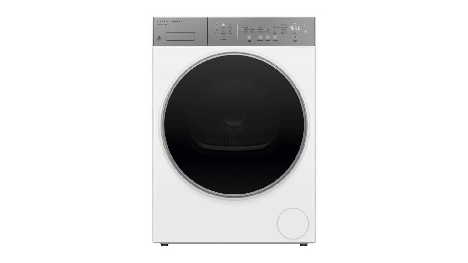 Front view of the Fisher & Paykel Series 5 8kg Heat Pump Smart Dryer in white with a black circular door