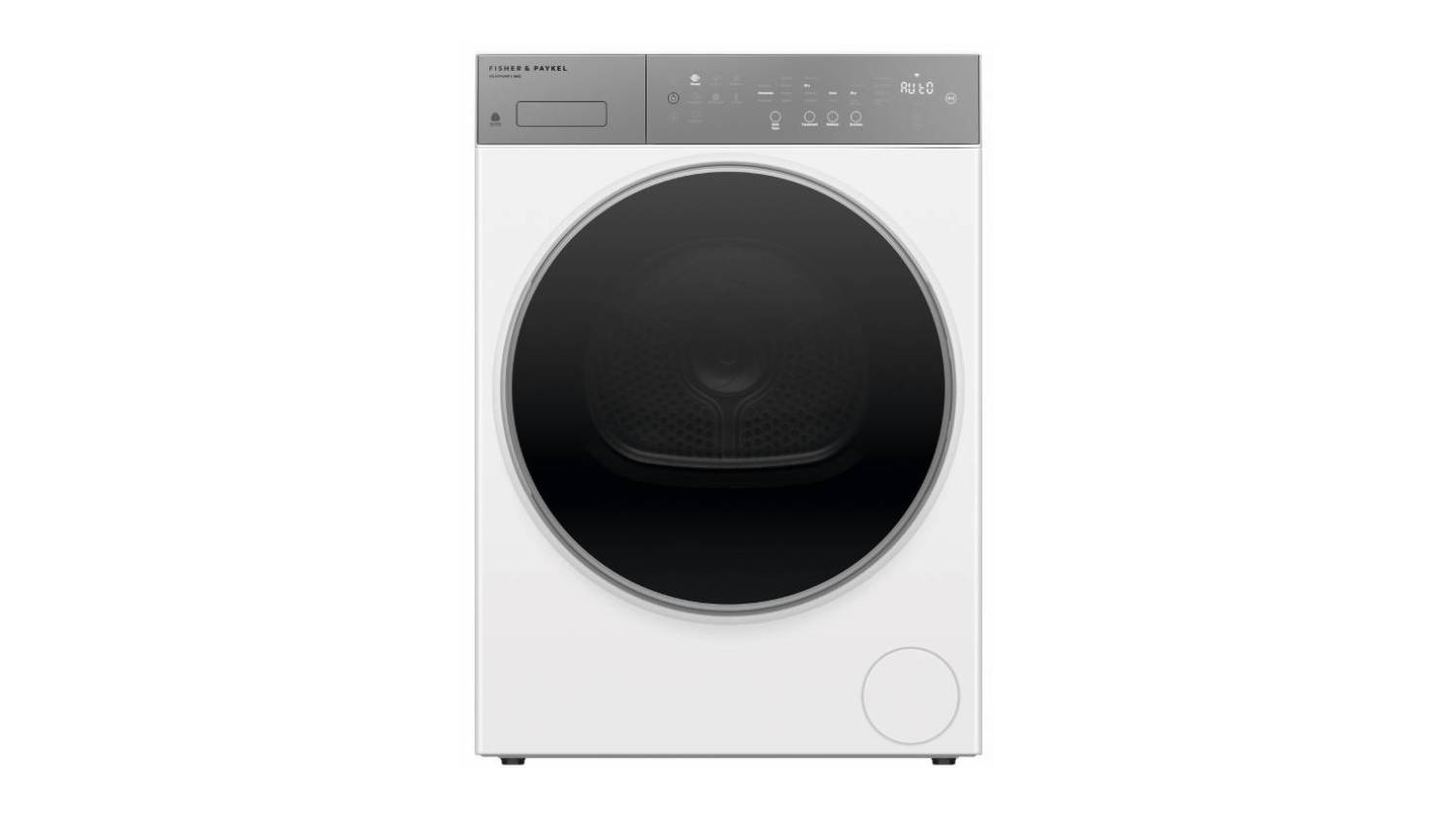 Front view of the Fisher & Paykel Series 5 8kg Heat Pump Smart Dryer in white with a black circular door
