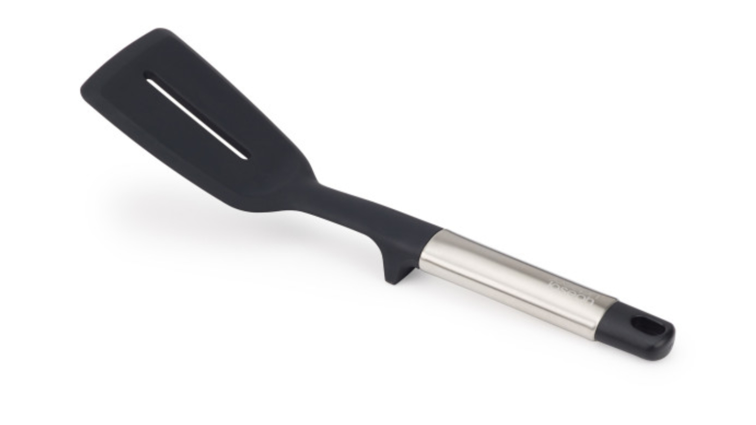 A Joseph Joseph Elevate Slotted Turning Spatula in black silicone with a stainless steel handle