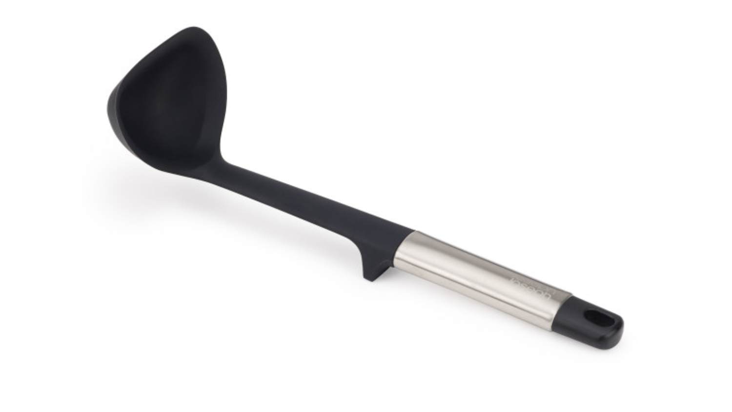 Black silicone ladle with a deep bowl and stainless steel handle
