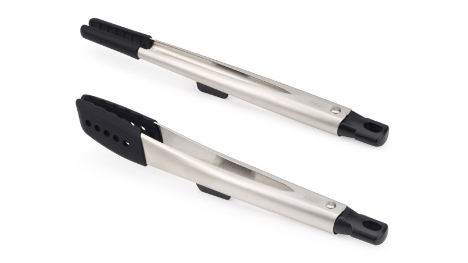 Two stainless steel kitchen tongs with black silicone tips and hanging loops