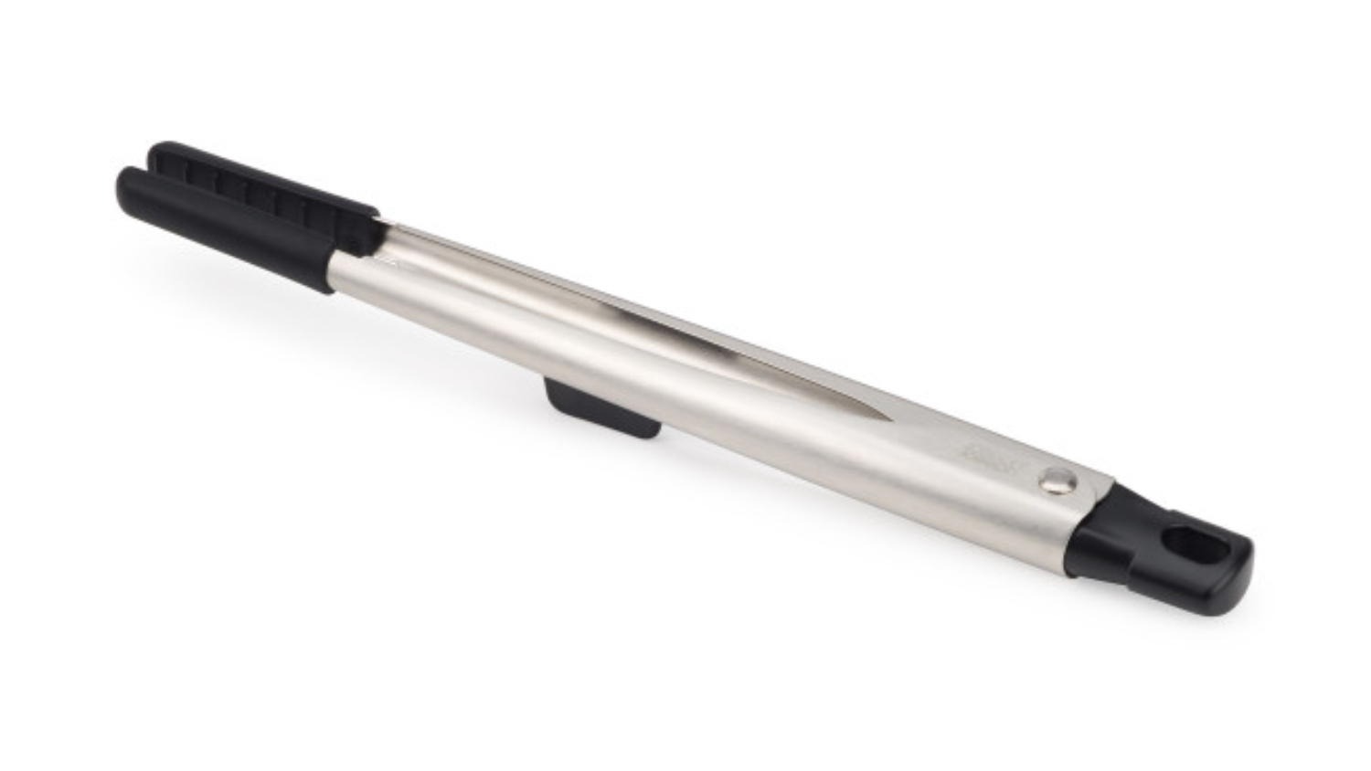 A stainless steel kitchen tongs with black silicone tips and a hanging loop