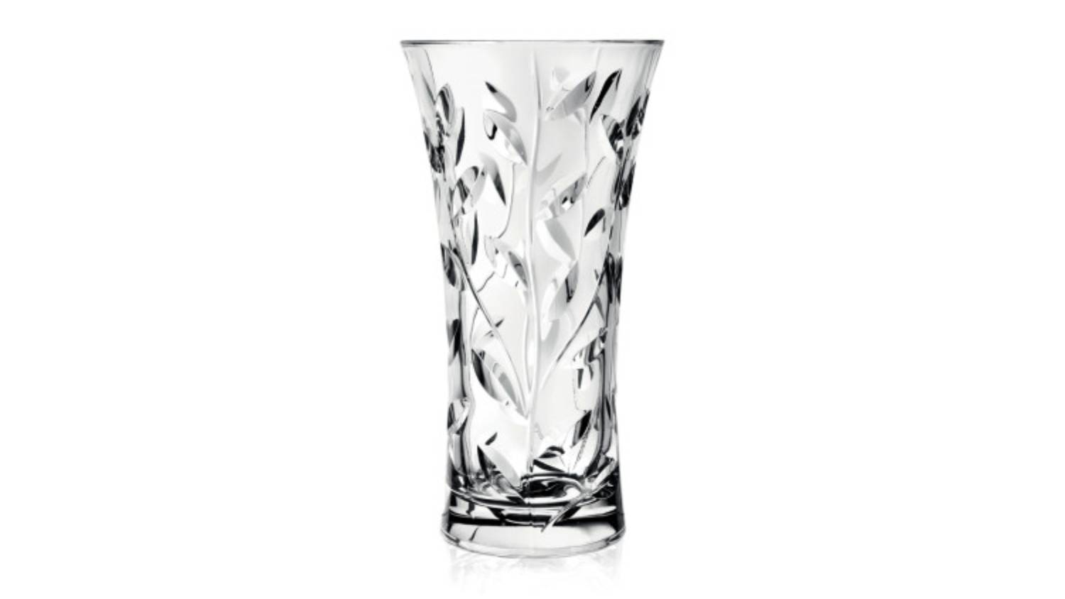 Clear crystal vase with a flared rim and intricate laurel leaf pattern etched along the body