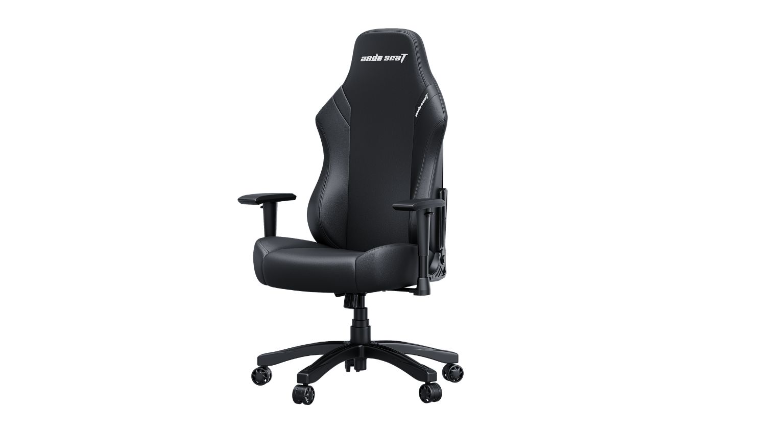 A black ergonomic gaming chair viewed from a front-right angle