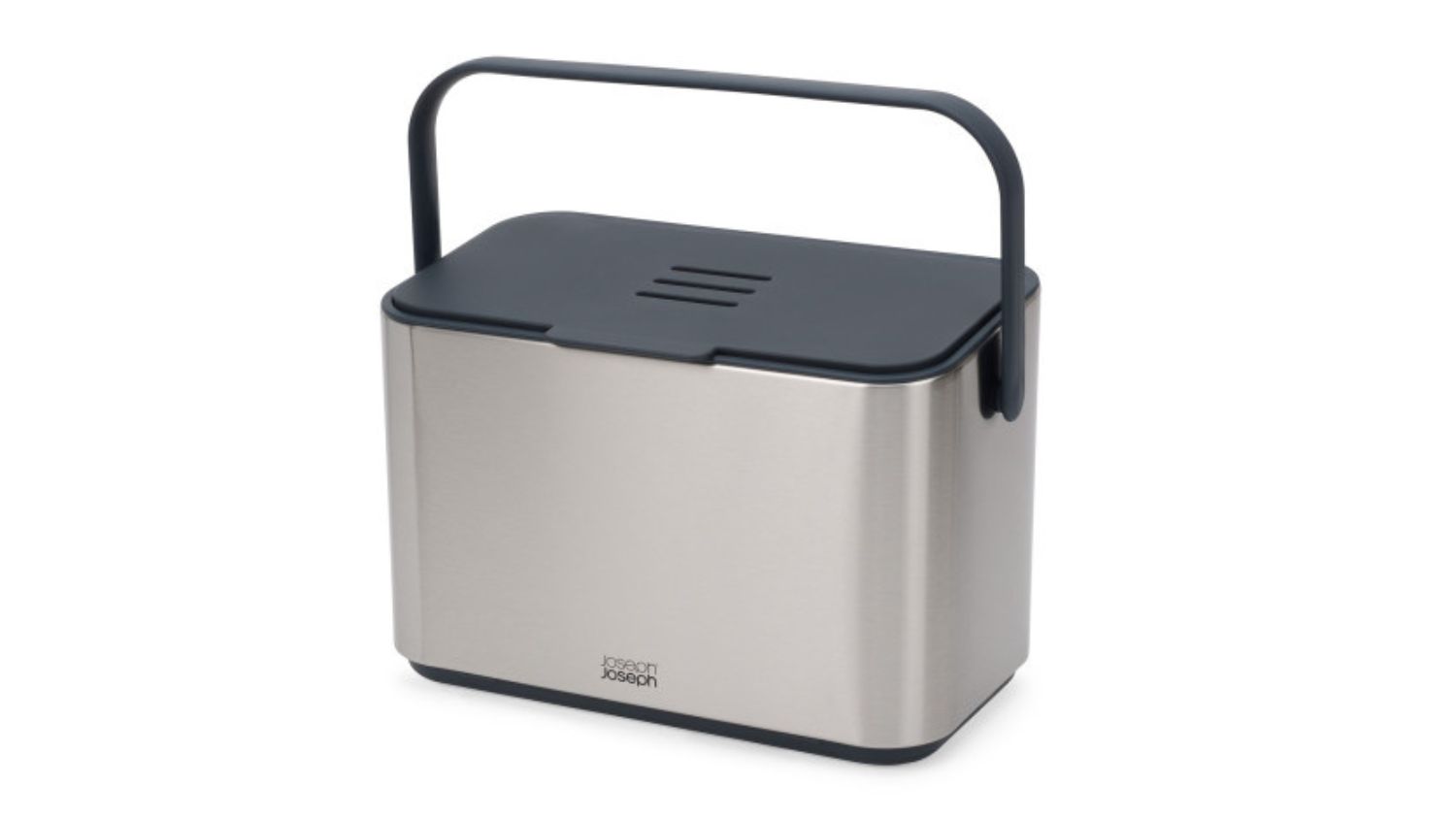 Joseph Joseph stainless-steel food waste caddy with black lid and carry handle
