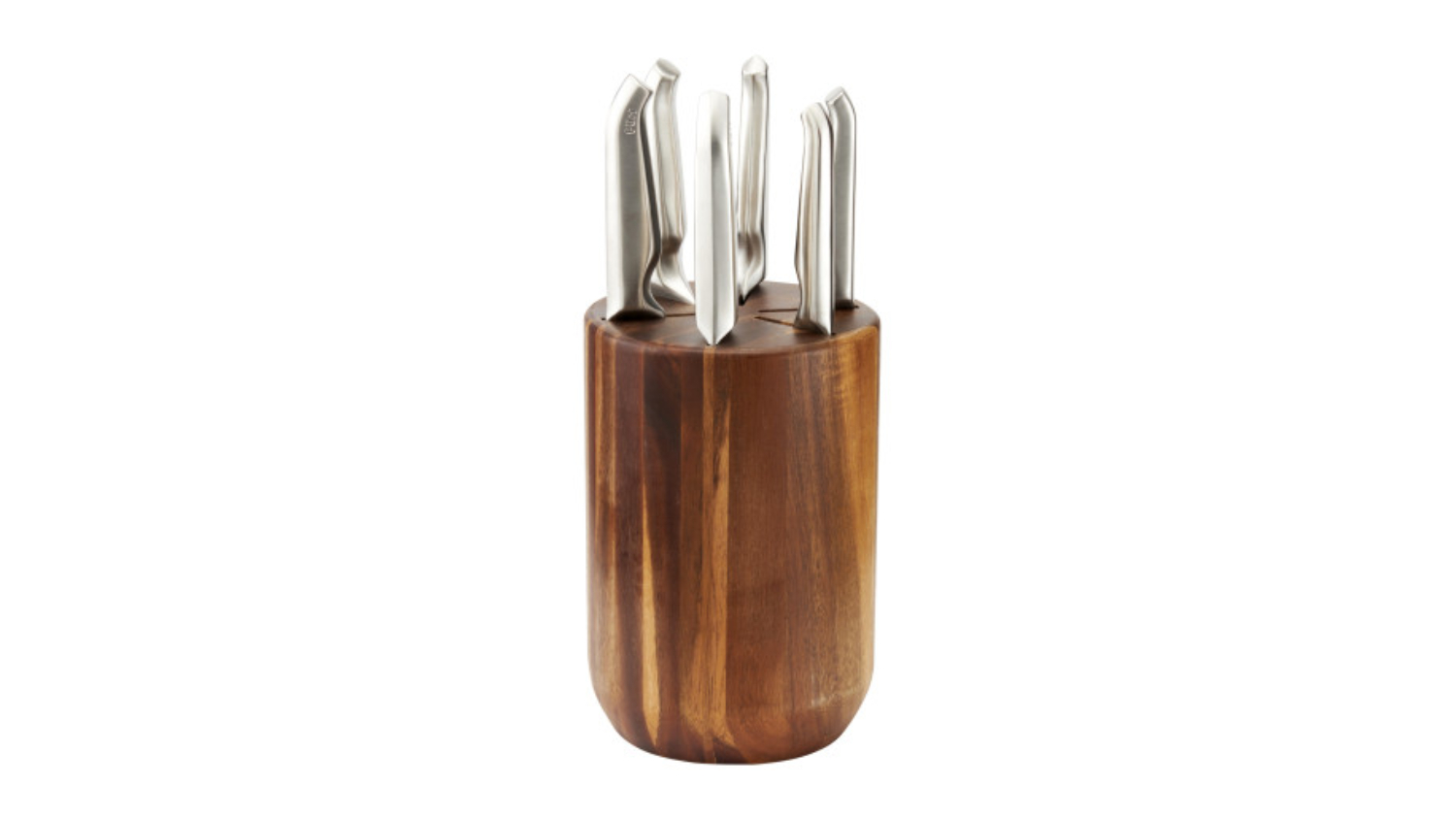 A set of stainless steel knives with curved handles in a cylindrical wooden knife block with a smooth, polished finish