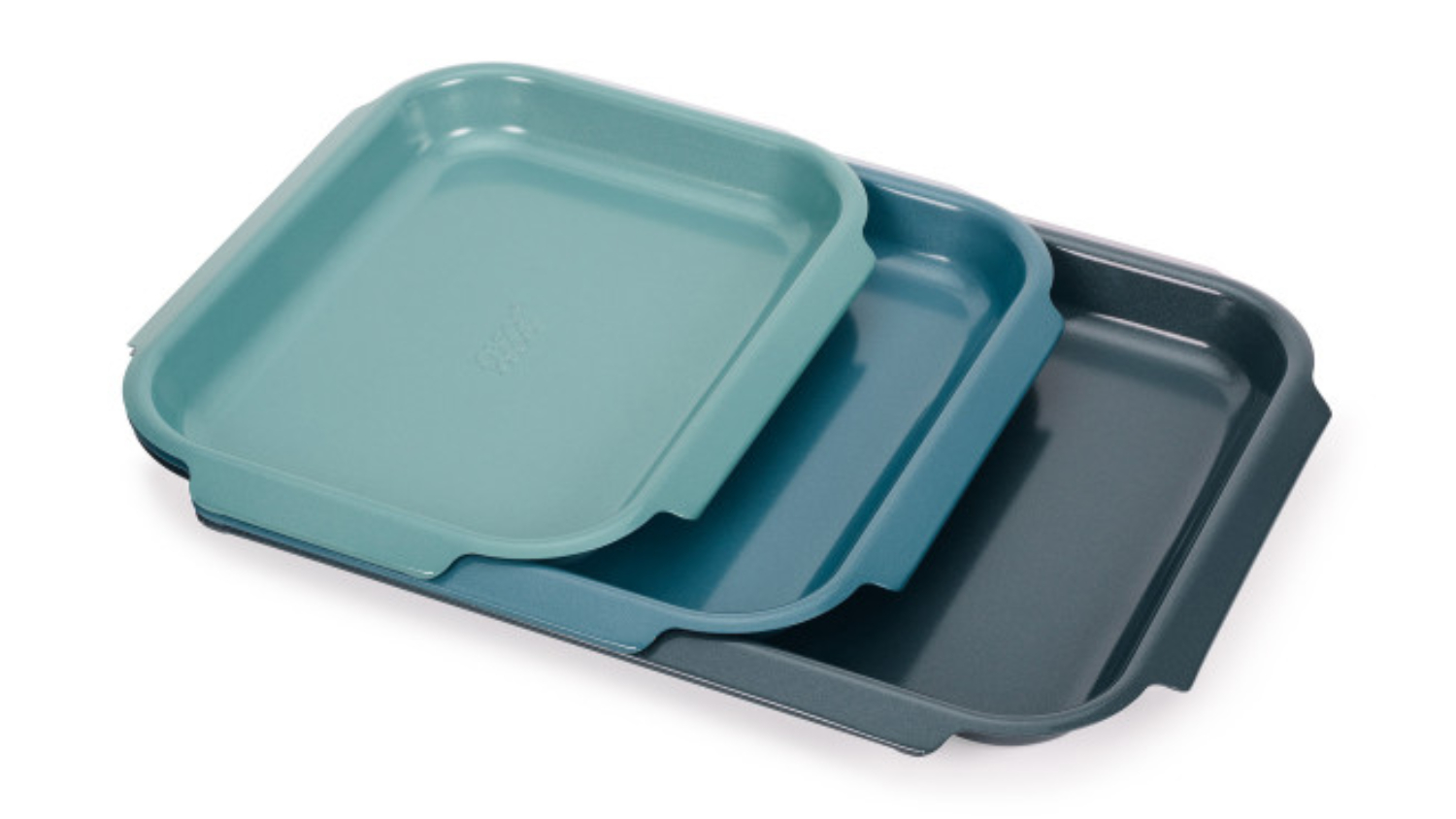 Three nested rectangular baking trays in teal, blue, and dark grey colours