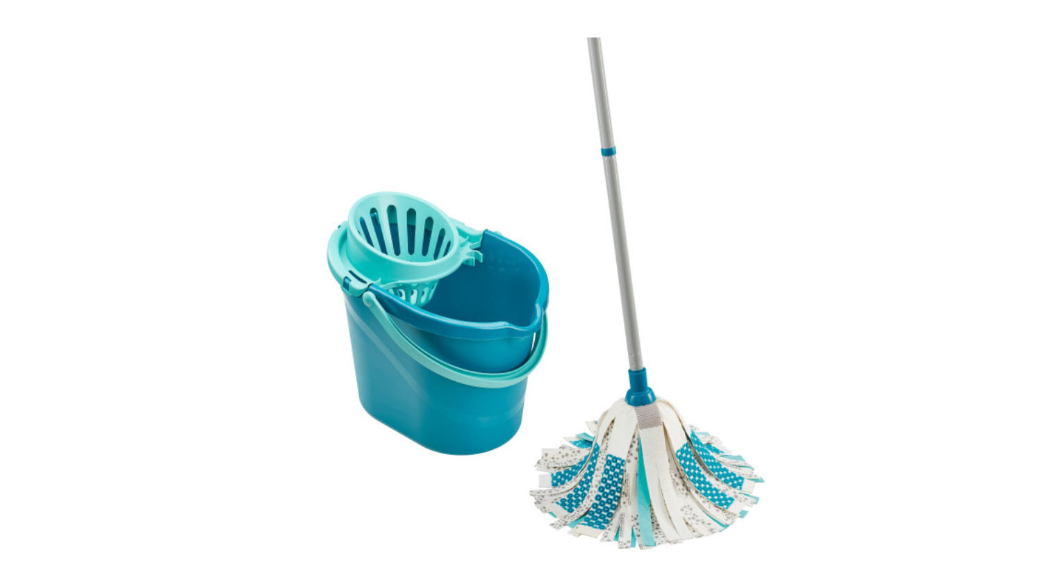 A blue mop bucket with a wringer and a matching mop with white and blue strips