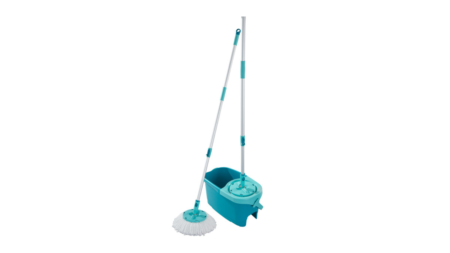 A blue spin mop set with two silver handles, a white microfibre mop head, and a matching bucket with a wringer