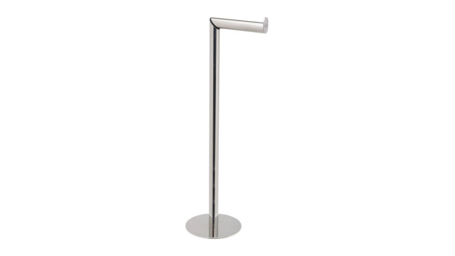 Modern freestanding toilet paper holder with a round base and horizontal arm
