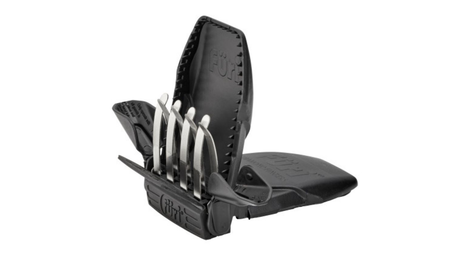 An angled view of a compact knife sharpener