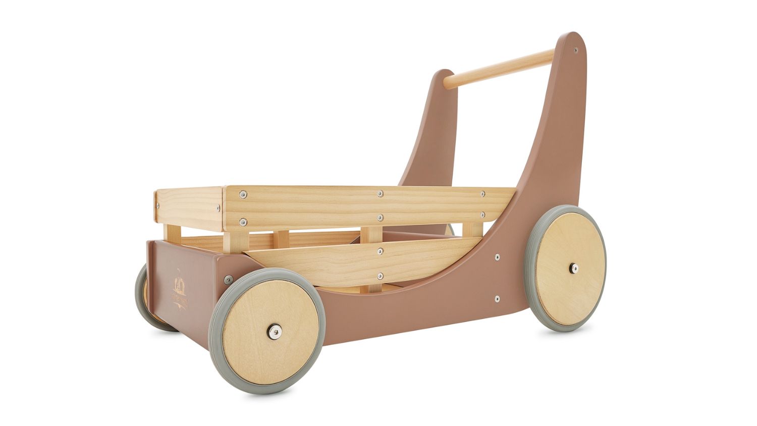 Wooden baby walker with four wheels and a storage crate