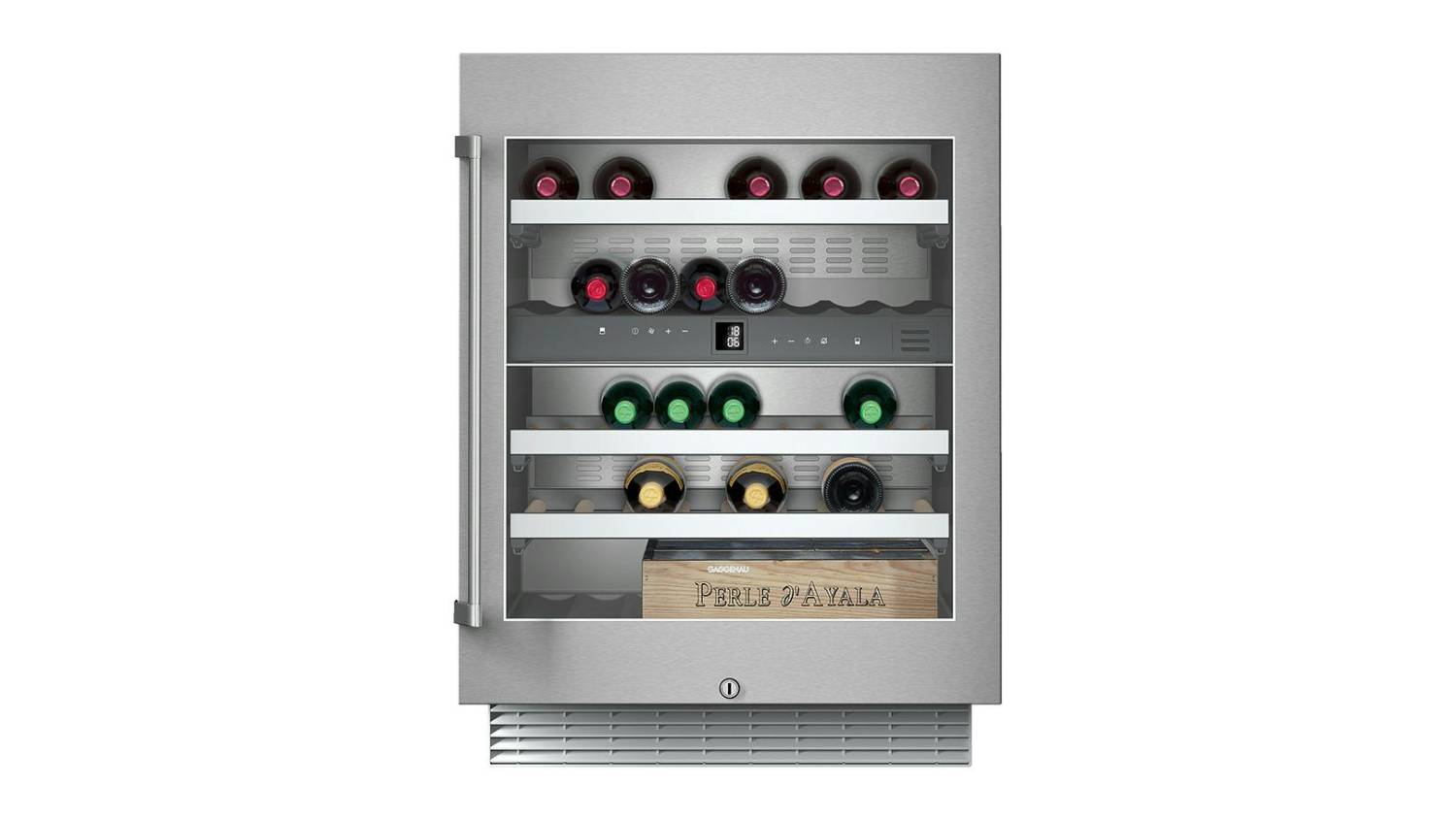 Stainless steel Gaggenau 200 Series wine fridge with glass door, showing multiple shelves holding wine bottles