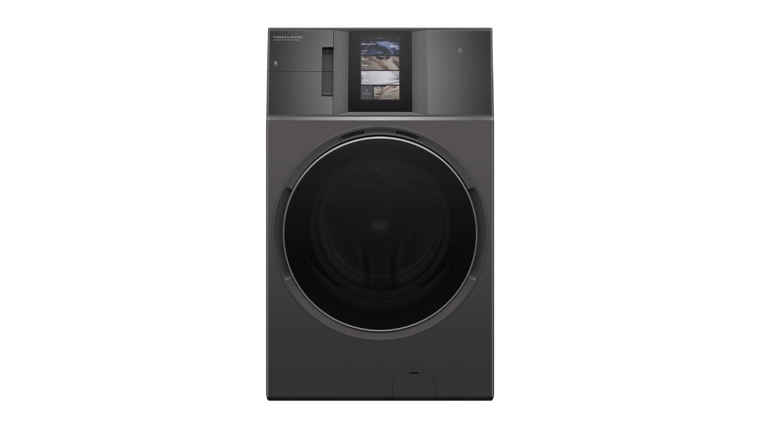 Front view of Fisher & Paykel Series 9 18kg + 10kg Front Loader Washer Dryer Combo in grey