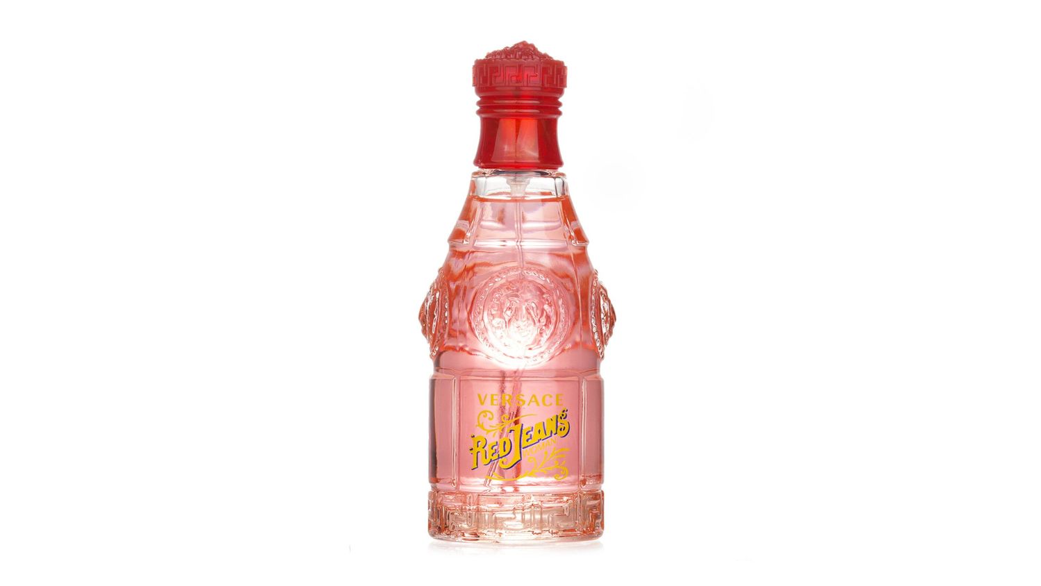 Front view of the Versace Versus Red Jeans EDT Spray bottle with a red cap