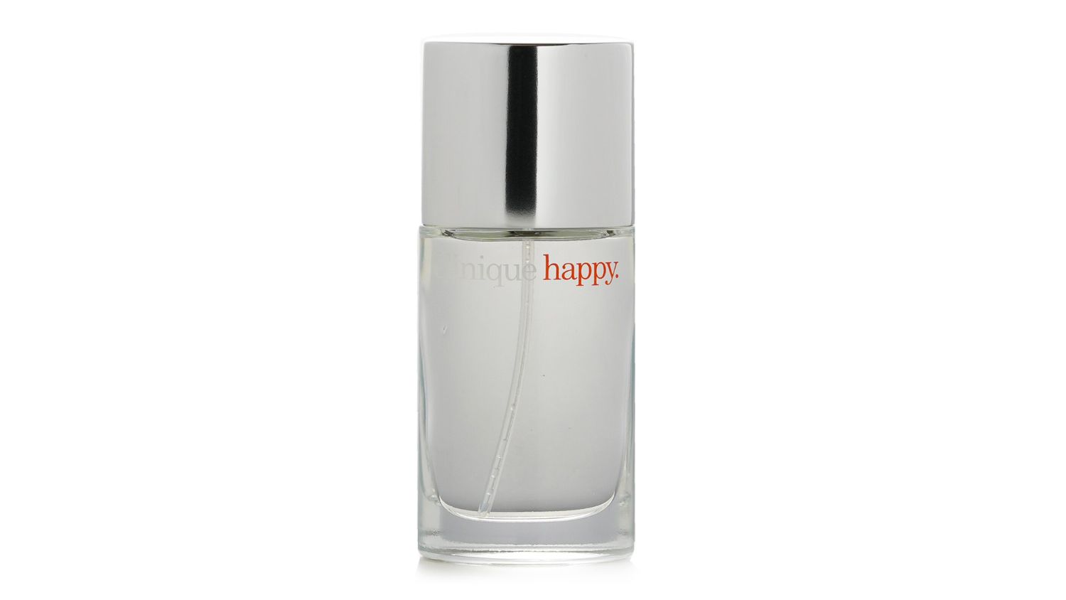Clear glass bottle of the Clinique Happy Eau De Parfum with a silver cap