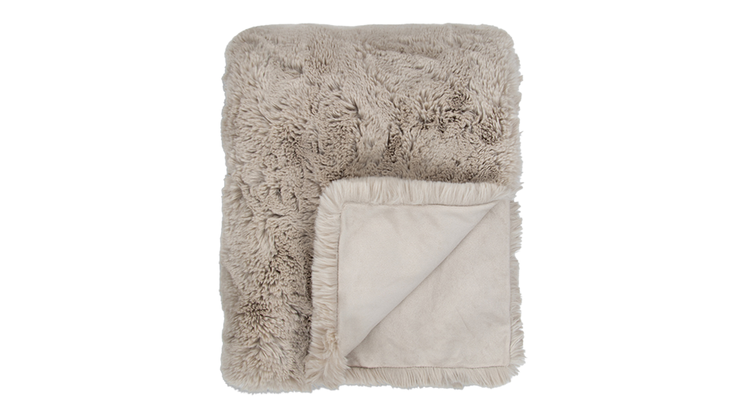 A folded Pelage Throw in Taupe showcasing its shaggy faux-fur texture and smooth, tonal lining