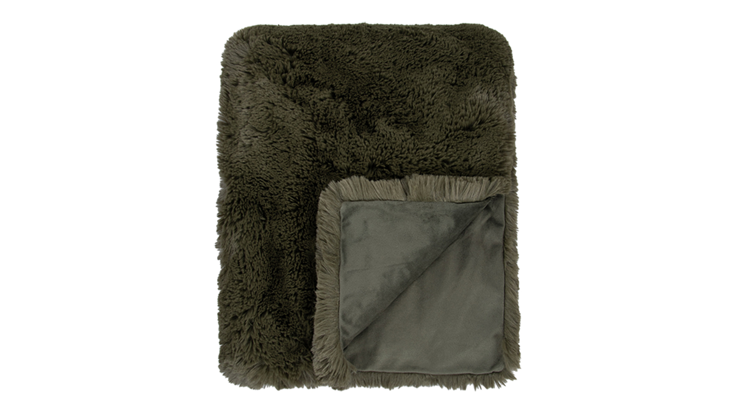 Vertical overhead shot of the Pelage Throw - Olive, displaying its deep green, shaggy faux fur